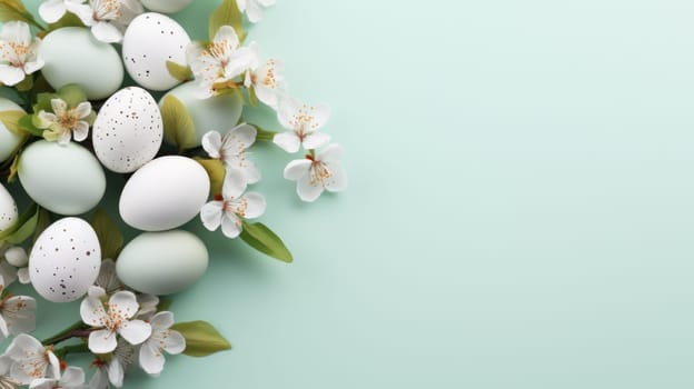 Easter floral composition with delicate pastel eggs and flowers in a nest. Generative AI.