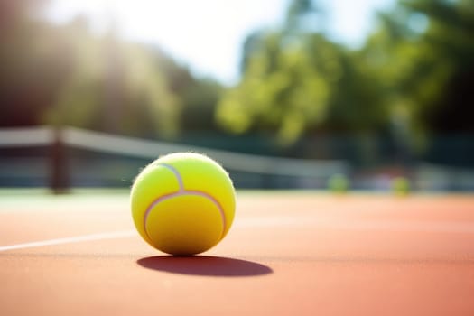 Tennis ball on the court ground. Generative AI.