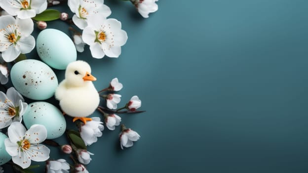 Easter floral composition with delicate pastel eggs and flowers in a nest. Generative AI.