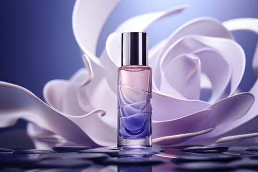 Luxury peptide lotion on light purple and white, in the style of contemporary art. Generative AI.