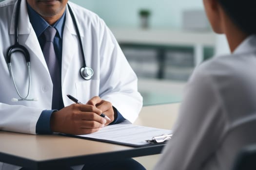 Medical doctor psychologist making notes while listening to patient. Generative AI.