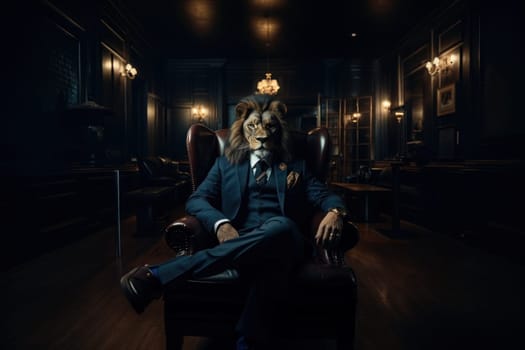 Front view of confident Lion head in suit dark dress siting in armchair in dark room. Generative AI.