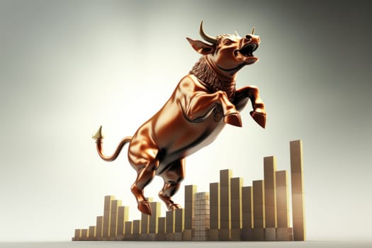 Stock market bull jumping to top of stock market graph. Generative AI.