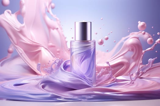 Luxury peptide lotion on light purple and white, in the style of contemporary art. Generative AI.