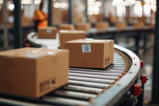 Logistics boxes on a conveyor belt, several boxes. Generative AI.