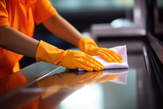 Close up Hands wearing orange rubber gloves cleaning the work desk. Generative AI.