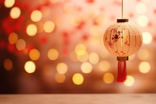 Chinese New Year photo realistic Lantern on glitter gold paper Background. Generative AI.