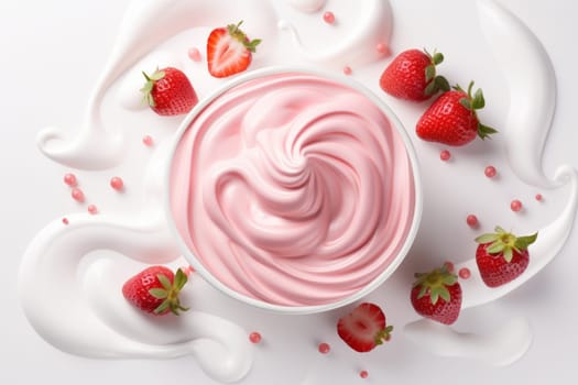 Floating yoghurt swirl with strawberries isolates background. Generative AI.