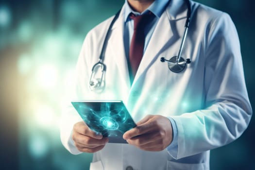 Doctor using digital tablet with health care icons, medical technology background. Generative AI.