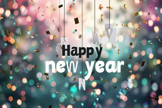 Happy new year with confetti on a colorful blurry background. Generative AI.