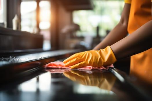 Close up Hands wearing orange rubber gloves cleaning the work desk. Generative AI.