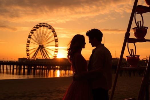 Romantic couple kissing in front of seaside pier Ferris wheel at sunset. Generative AI.