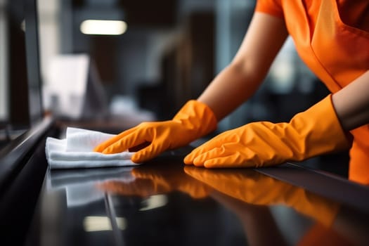 Close up Hands wearing orange rubber gloves cleaning the work desk. Generative AI.