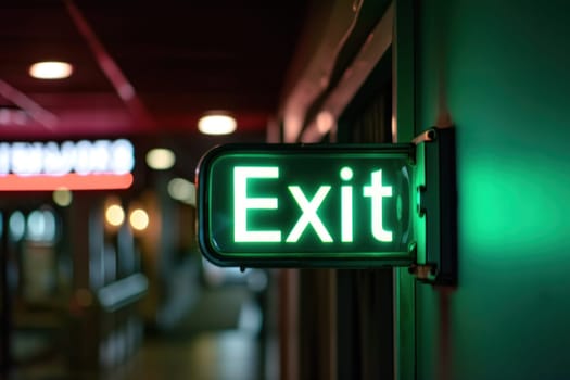 Exit sign glowing in green. Generative AI.