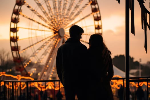 Romantic couple kissing in front of seaside pier Ferris wheel at sunset. Generative AI.