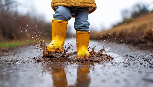 Happy child playful jumping in puddle with yellow rain boots. Close-up of kid wearing yellow rain boots and walking during sleet, rain and snow on cold day. Child in colorful fashion casual clothes jumping in a puddle. Having fun outdoors. rain