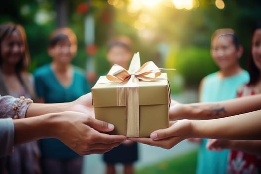 Adult hands giving a Christmas gift and New Year gift to each other. Generative AI.