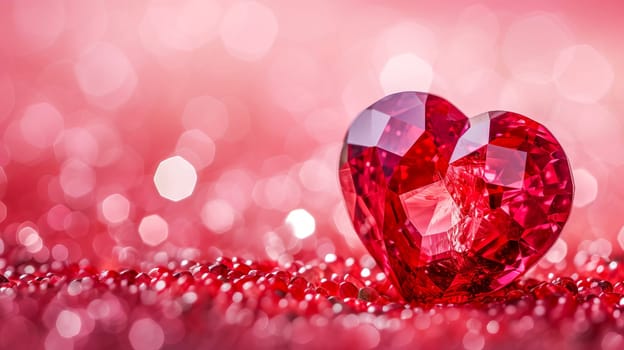 Beautiful luxury red heart made of ruby gemstone on a pink background. Copy space. AI generated.