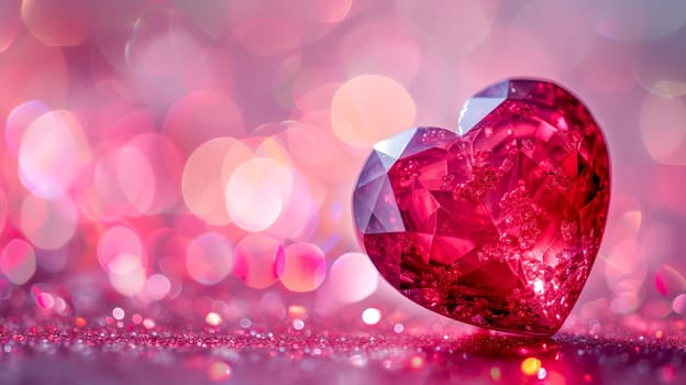 Beautiful luxury red heart made of ruby gemstone on a pink background. Copy space. AI generated.