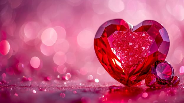 Beautiful luxury red heart made of ruby gemstone on a pink background. Copy space. AI generated.