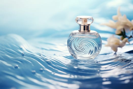 Bottle perfume on the water, clear water waves, white and blue background. Generative AI.