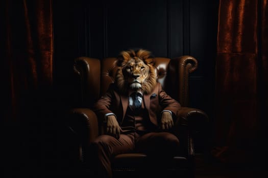 Front view of confident Lion head in suit dark dress siting in armchair in dark room. Generative AI.