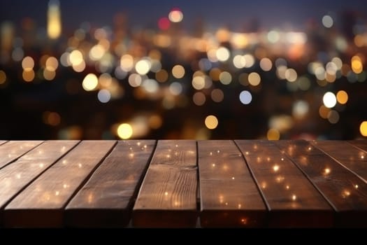 Empty wooden table with blurred background with a city with fireworks on New Year. Generative AI.