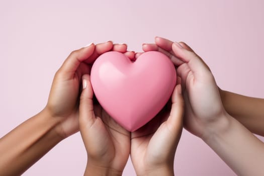 Group of hands holding a pink heart isolated on white background. Generative AI.
