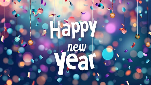 Happy new year with confetti on a colorful blurry background. Generative AI.
