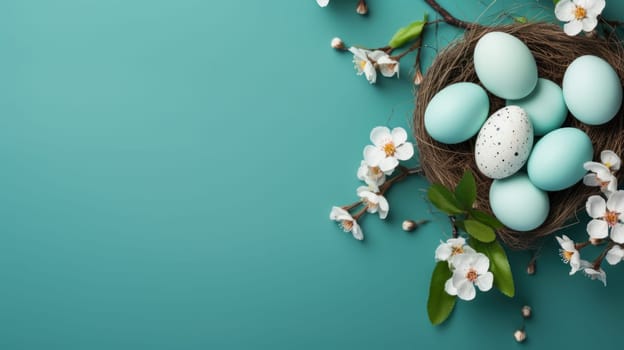 Easter floral composition with delicate pastel eggs and flowers in a nest. Generative AI.