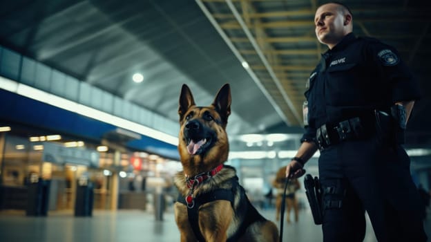 Security officer with police dog at airport. Generative AI.