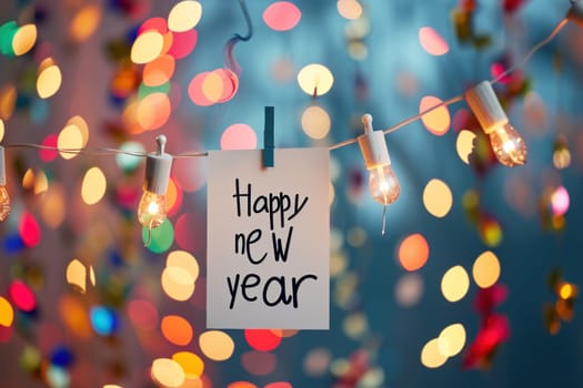 Happy new year with confetti on a colorful blurry background. Generative AI.