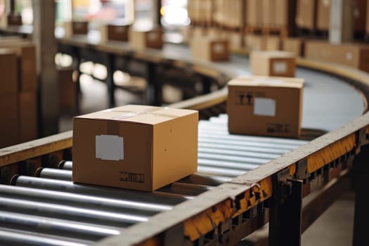 Logistics boxes on a conveyor belt, several boxes. Generative AI.