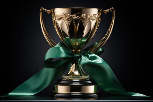 Golden trophy shaping like shield with green ribbon, business and competition concept. Generative AI.