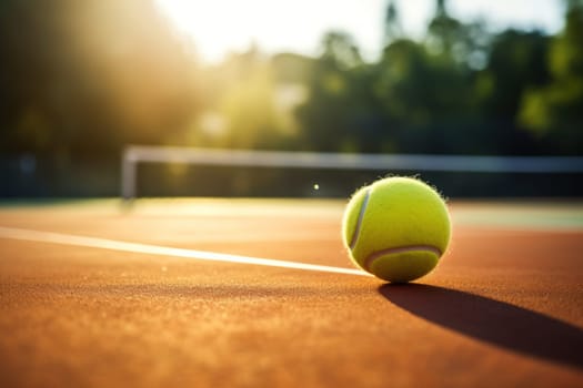 Tennis ball on the court ground. Generative AI.