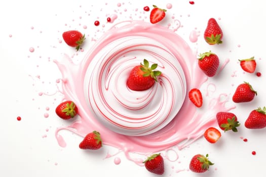 Floating yoghurt swirl with strawberries isolates background. Generative AI.