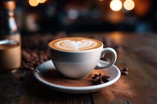 Steaming cup of coffee stands on a wooden counter. Generative AI.