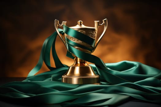 Golden trophy shaping like shield with green ribbon, business and competition concept. Generative AI.