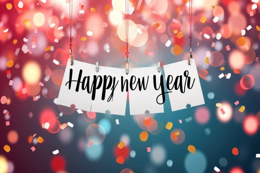 Happy new year with confetti on a colorful blurry background. Generative AI.