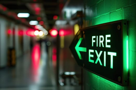 The indicator light shows the word FIRE EXIT. Generative AI.