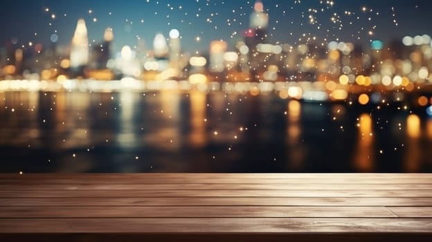 Empty wooden table with blurred background with a city with fireworks on New Year. Generative AI.