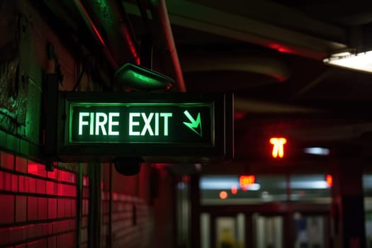 The indicator light shows the word FIRE EXIT. Generative AI.