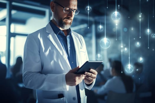 Doctor using digital tablet with health care icons, medical technology background. Generative AI.