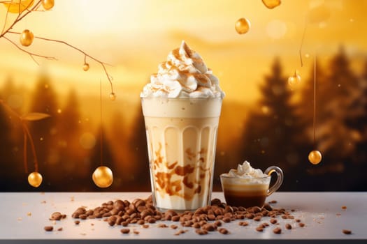 coffee shake frappe smoothie topped with sweet whipping cream and caramel. Generative AI.