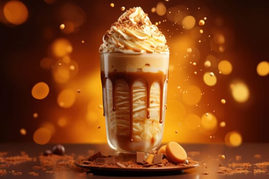 coffee shake frappe smoothie topped with sweet whipping cream and caramel. Generative AI.