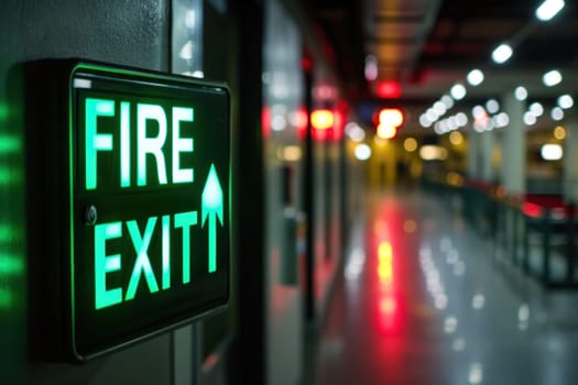 The indicator light shows the word FIRE EXIT. Generative AI.