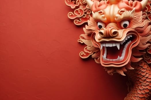 Golden Chinese dragon on red color background. Generative AI.
