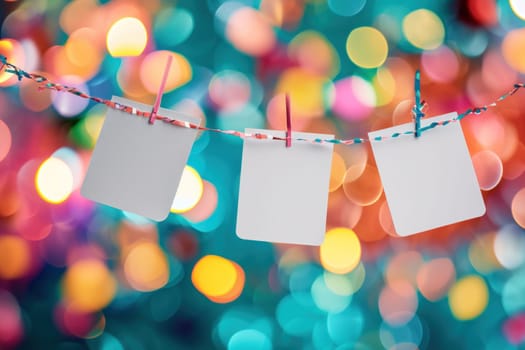 Hanging white paper with confetti on a colorful blurry background. Generative AI.