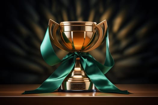 Golden trophy shaping like shield with green ribbon, business and competition concept. Generative AI.