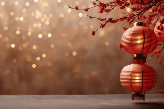 Chinese New Year photo realistic Lantern on glitter gold paper Background. Generative AI.